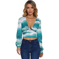 Ai Generated Waves Ocean Sea Tsunami Nautical Blue Sea Long Sleeve Deep-v Velour Top by Ravend