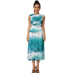 Ai Generated Waves Ocean Sea Tsunami Nautical Blue Sea Sleeveless Round Neck Midi Dress by Ravend