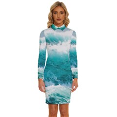 Ai Generated Waves Ocean Sea Tsunami Nautical Blue Sea Long Sleeve Shirt Collar Bodycon Dress by Ravend