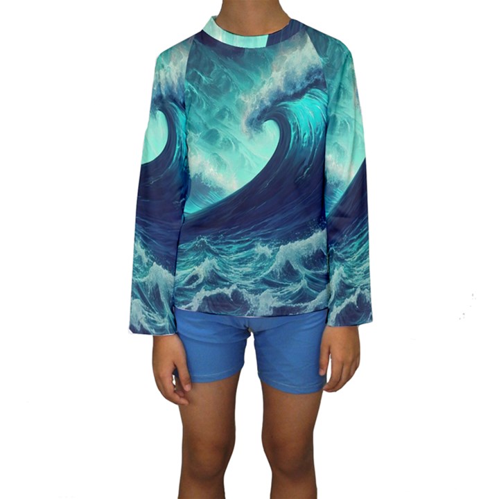 Ai Generated Waves Ocean Sea Tsunami Nautical Fantasy Kids  Long Sleeve Swimwear