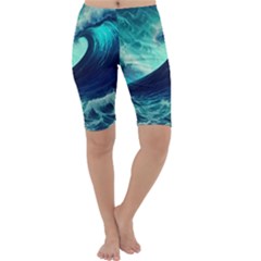 Ai Generated Waves Ocean Sea Tsunami Nautical Fantasy Cropped Leggings  by Ravend