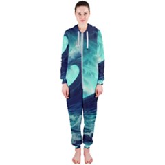 Ai Generated Waves Ocean Sea Tsunami Nautical Fantasy Hooded Jumpsuit (ladies) by Ravend