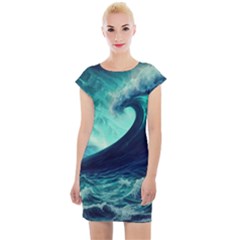 Ai Generated Waves Ocean Sea Tsunami Nautical Fantasy Cap Sleeve Bodycon Dress by Ravend