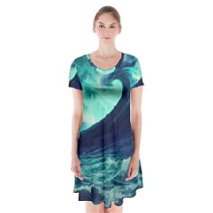 Ai Generated Waves Ocean Sea Tsunami Nautical Fantasy Short Sleeve V-neck Flare Dress by Ravend