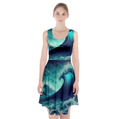 Ai Generated Waves Ocean Sea Tsunami Nautical Fantasy Racerback Midi Dress by Ravend