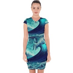 Ai Generated Waves Ocean Sea Tsunami Nautical Fantasy Capsleeve Drawstring Dress  by Ravend