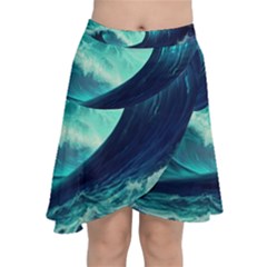 Ai Generated Waves Ocean Sea Tsunami Nautical Fantasy Chiffon Wrap Front Skirt by Ravend