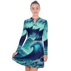 Ai Generated Waves Ocean Sea Tsunami Nautical Fantasy Long Sleeve Panel Dress by Ravend