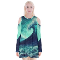 Ai Generated Waves Ocean Sea Tsunami Nautical Fantasy Velvet Long Sleeve Shoulder Cutout Dress by Ravend