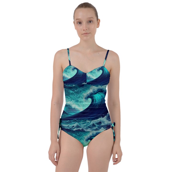 Ai Generated Waves Ocean Sea Tsunami Nautical Fantasy Sweetheart Tankini Set