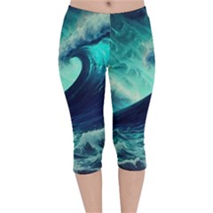 Ai Generated Waves Ocean Sea Tsunami Nautical Fantasy Velvet Capri Leggings  by Ravend