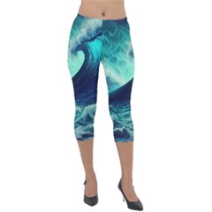 Ai Generated Waves Ocean Sea Tsunami Nautical Fantasy Lightweight Velour Capri Leggings  by Ravend