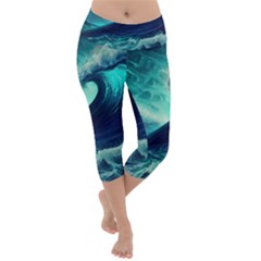 Ai Generated Waves Ocean Sea Tsunami Nautical Fantasy Lightweight Velour Capri Yoga Leggings by Ravend