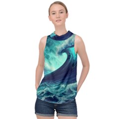 Ai Generated Waves Ocean Sea Tsunami Nautical Fantasy High Neck Satin Top by Ravend