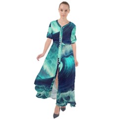 Ai Generated Waves Ocean Sea Tsunami Nautical Fantasy Waist Tie Boho Maxi Dress by Ravend