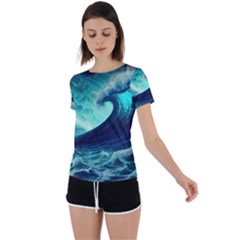 Ai Generated Waves Ocean Sea Tsunami Nautical Fantasy Back Circle Cutout Sports Tee by Ravend