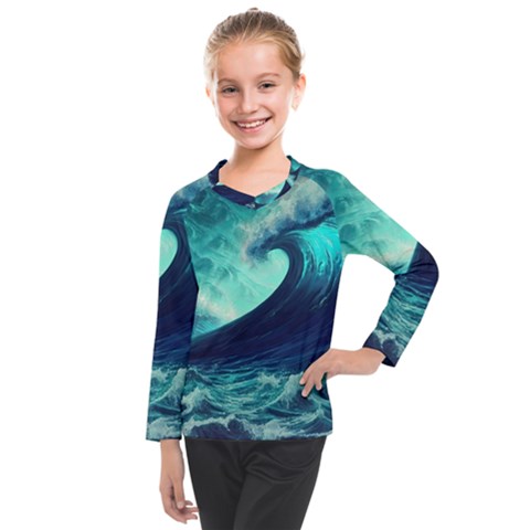 Ai Generated Waves Ocean Sea Tsunami Nautical Fantasy Kids  Long Mesh Tee by Ravend