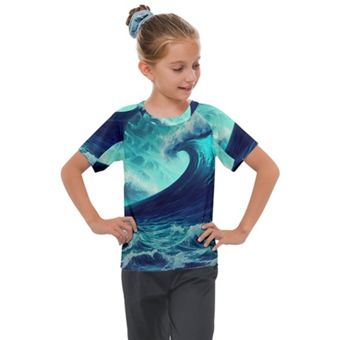 Ai Generated Waves Ocean Sea Tsunami Nautical Fantasy Kids  Mesh Piece Tee by Ravend