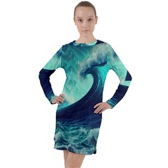 Ai Generated Waves Ocean Sea Tsunami Nautical Fantasy Long Sleeve Hoodie Dress by Ravend