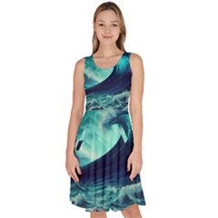 Ai Generated Waves Ocean Sea Tsunami Nautical Fantasy Knee Length Skater Dress With Pockets by Ravend