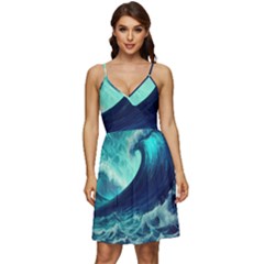 Ai Generated Waves Ocean Sea Tsunami Nautical Fantasy V-neck Pocket Summer Dress  by Ravend