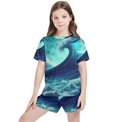 Ai Generated Waves Ocean Sea Tsunami Nautical Fantasy Kids  Tee And Sports Shorts Set by Ravend