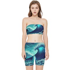 Ai Generated Waves Ocean Sea Tsunami Nautical Fantasy Stretch Shorts And Tube Top Set by Ravend