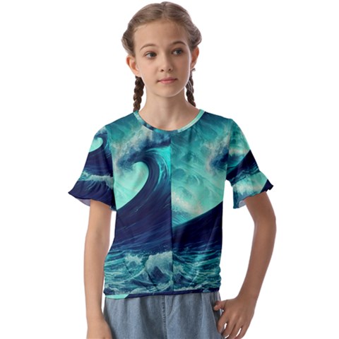 Ai Generated Waves Ocean Sea Tsunami Nautical Fantasy Kids  Cuff Sleeve Scrunch Bottom Tee by Ravend