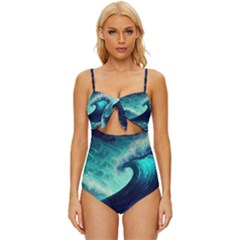 Ai Generated Waves Ocean Sea Tsunami Nautical Fantasy Knot Front One-piece Swimsuit by Ravend