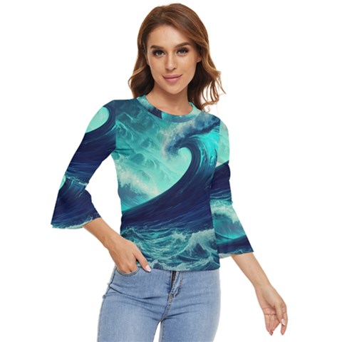 Ai Generated Waves Ocean Sea Tsunami Nautical Fantasy Bell Sleeve Top by Ravend