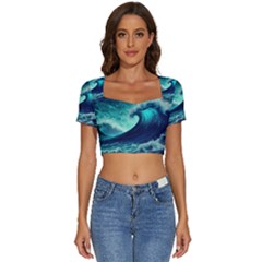 Ai Generated Waves Ocean Sea Tsunami Nautical Fantasy Short Sleeve Square Neckline Crop Top  by Ravend