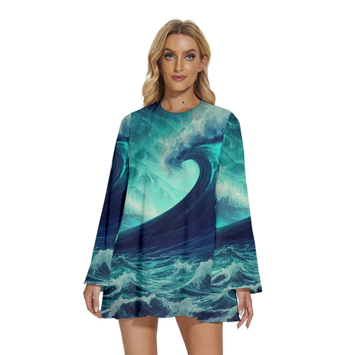 Ai Generated Waves Ocean Sea Tsunami Nautical Fantasy Round Neck Long Sleeve Bohemian Style Chiffon Mini Dress