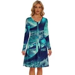 Ai Generated Waves Ocean Sea Tsunami Nautical Fantasy Long Sleeve Dress With Pocket by Ravend