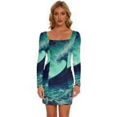 Ai Generated Waves Ocean Sea Tsunami Nautical Fantasy Long Sleeve Square Neck Bodycon Velvet Dress by Ravend