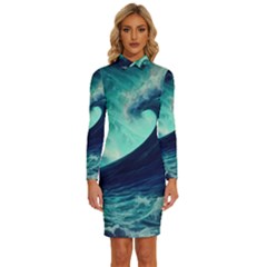 Ai Generated Waves Ocean Sea Tsunami Nautical Fantasy Long Sleeve Shirt Collar Bodycon Dress by Ravend