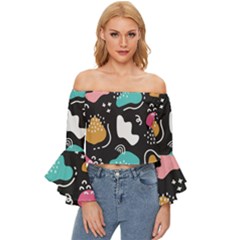 Art Pattern Design Background Print Off Shoulder Flutter Bell Sleeve Top by Ravend