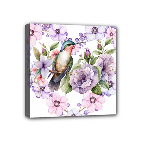 Hummingbird In Floral Heart Mini Canvas 4  X 4  (stretched)