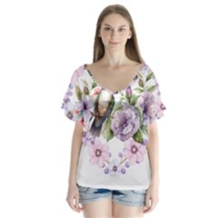 Hummingbird In Floral Heart V-neck Flutter Sleeve Top by augustinet