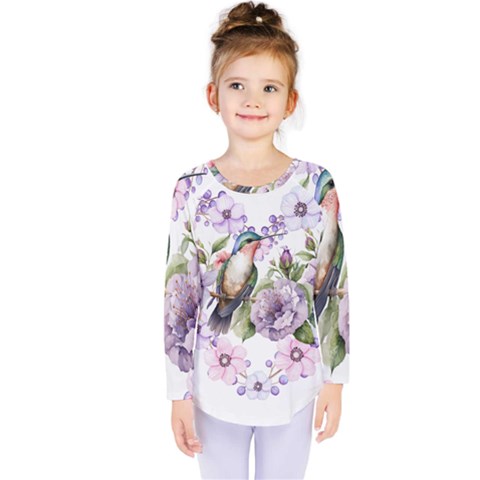 Hummingbird In Floral Heart Kids  Long Sleeve Tee by augustinet