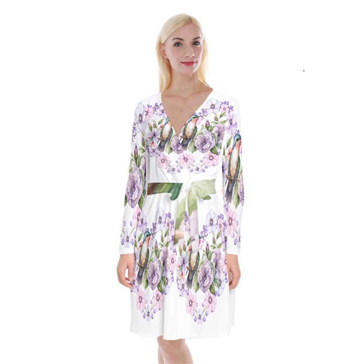 Hummingbird in floral heart Long Sleeve Velvet Front Wrap Dress