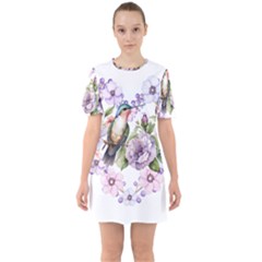 Hummingbird In Floral Heart Sixties Short Sleeve Mini Dress by augustinet