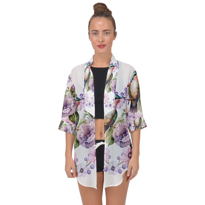 Hummingbird in floral heart Open Front Chiffon Kimono