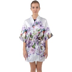 Hummingbird In Floral Heart Half Sleeve Satin Kimono 