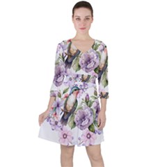 Hummingbird In Floral Heart Quarter Sleeve Ruffle Waist Dress by augustinet