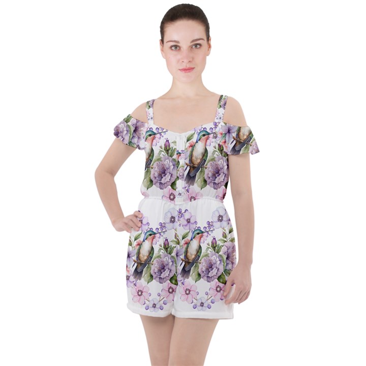 Hummingbird in floral heart Ruffle Cut Out Chiffon Playsuit