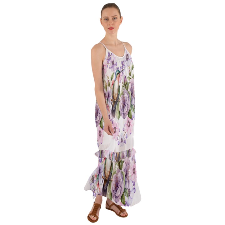 Hummingbird in floral heart Cami Maxi Ruffle Chiffon Dress