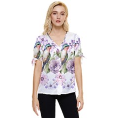 Hummingbird In Floral Heart Bow Sleeve Button Up Top by augustinet