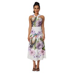 Hummingbird In Floral Heart Sleeveless Cross Front Cocktail Midi Chiffon Dress by augustinet