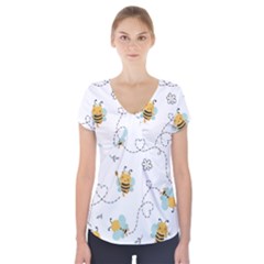 Bee Art Pattern Design Wallpaper Background Print Short Sleeve Front Detail Top by Ravend