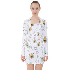 Bee Art Pattern Design Wallpaper Background Print V-neck Bodycon Long Sleeve Dress by Ravend